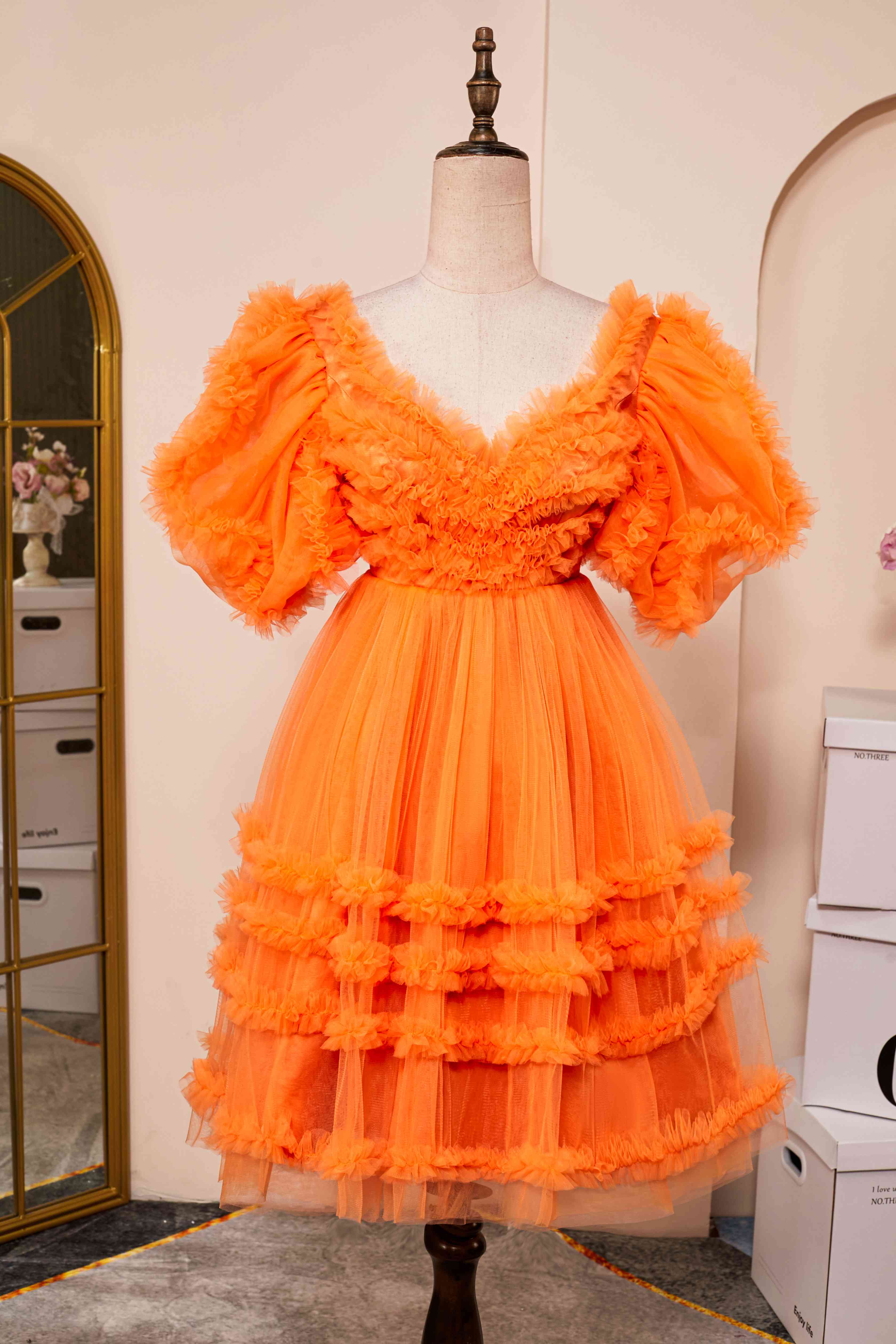 Bridesmaids Dresses Different Styles, V-Neck Orange Ruffled Short Homecoming Dress with Puff Sleeves