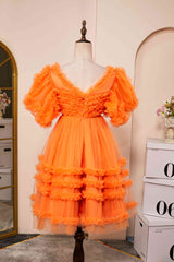 Bridesmaid Dresses Different Style, V-Neck Orange Ruffled Short Homecoming Dress with Puff Sleeves