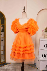 Bridesmaid Dress Color Palette, V-Neck Orange Ruffled Short Homecoming Dress with Puff Sleeves