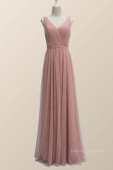 Wedding Guest Dress Summer, V Neck Plush Pink Tulle Long Bridesmaid Dress