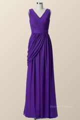 Homecomeing Dresses Long, V Neck Purple Pleated Chiffon A-line Bridesmaid Dress