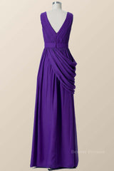 Homecomming Dresses Long, V Neck Purple Pleated Chiffon A-line Bridesmaid Dress