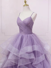 Prom Dress Sleeve, V Neck Purple Sequin Long Prom Dress, Purple V Neck Long Formal Evening Dresses
