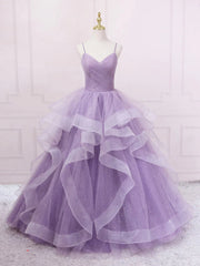 Elegant Dress For Women, V Neck Purple Sequin Long Prom Dress, Purple V Neck Long Formal Evening Dresses