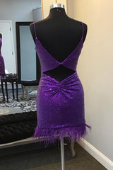 Bridesmaids Dresses Fall, V-Neck Purple Sequins Homecoming Dress with Feather Hem