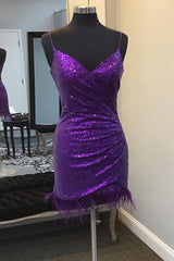 Bridesmaid Dress Colours, V-Neck Purple Sequins Homecoming Dress with Feather Hem
