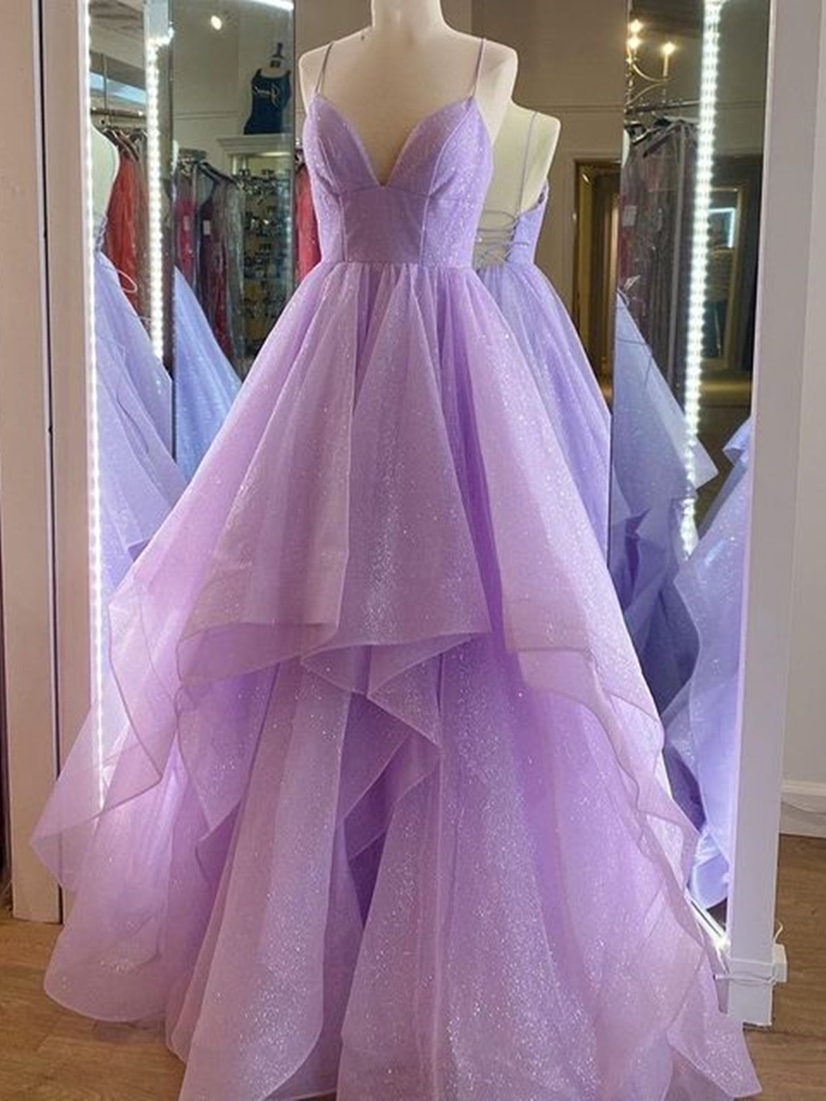 Formal Dress Prom, V Neck Purple Tulle Long Prom Dresses, Purple High Low Formal Evening Dresses