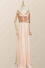 Evening Dresses Prom Long, V Neck Rose Gold Sequin and Chiffon Long Bridesmaid Dress