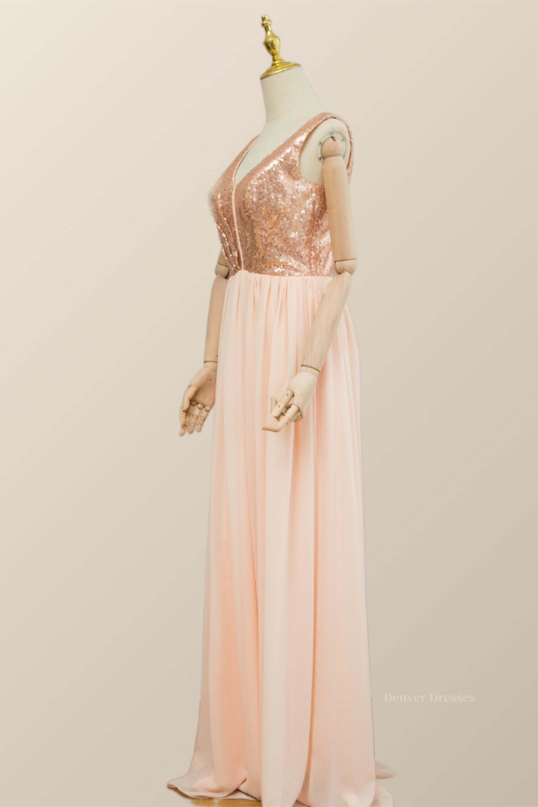 Evening Dress V Neck, V Neck Rose Gold Sequin and Chiffon Long Bridesmaid Dress