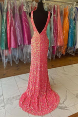 Bridesmaids Dressing Gowns, V neck Sequin Mermaid Long Prom Dress,Formal Dresses