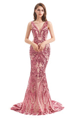 Formal Dress Black Dress, V-Neck Sequins Sleeveless Lace-up Mermaid Prom Dresses