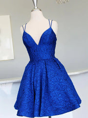 Night Club Outfit, V Neck Short Backless Blue Lace Prom Dresses, Open Back Short Blue Lace Formal Homecoming Dresses