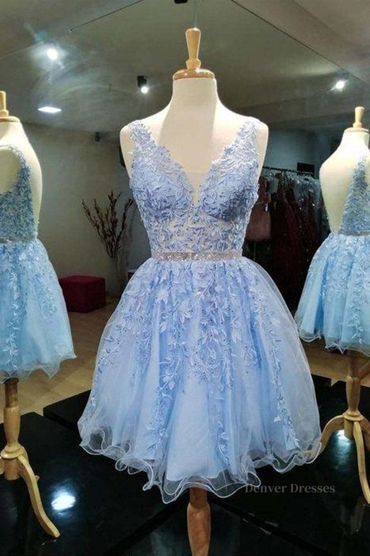 Formal Dress For Wedding Guests, V Neck Short Blue Lace Prom Dresses, Short Blue Lace Formal Homecoming Dresses