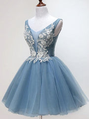 Prom Dress Styles, V Neck Short Blue Lace Prom Dresses, Short Blue Lace Graduation Homecoming Dresses