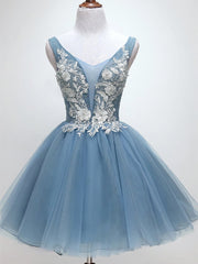 Prom Dresses For 023, V Neck Short Blue Lace Prom Dresses, Short Blue Lace Graduation Homecoming Dresses