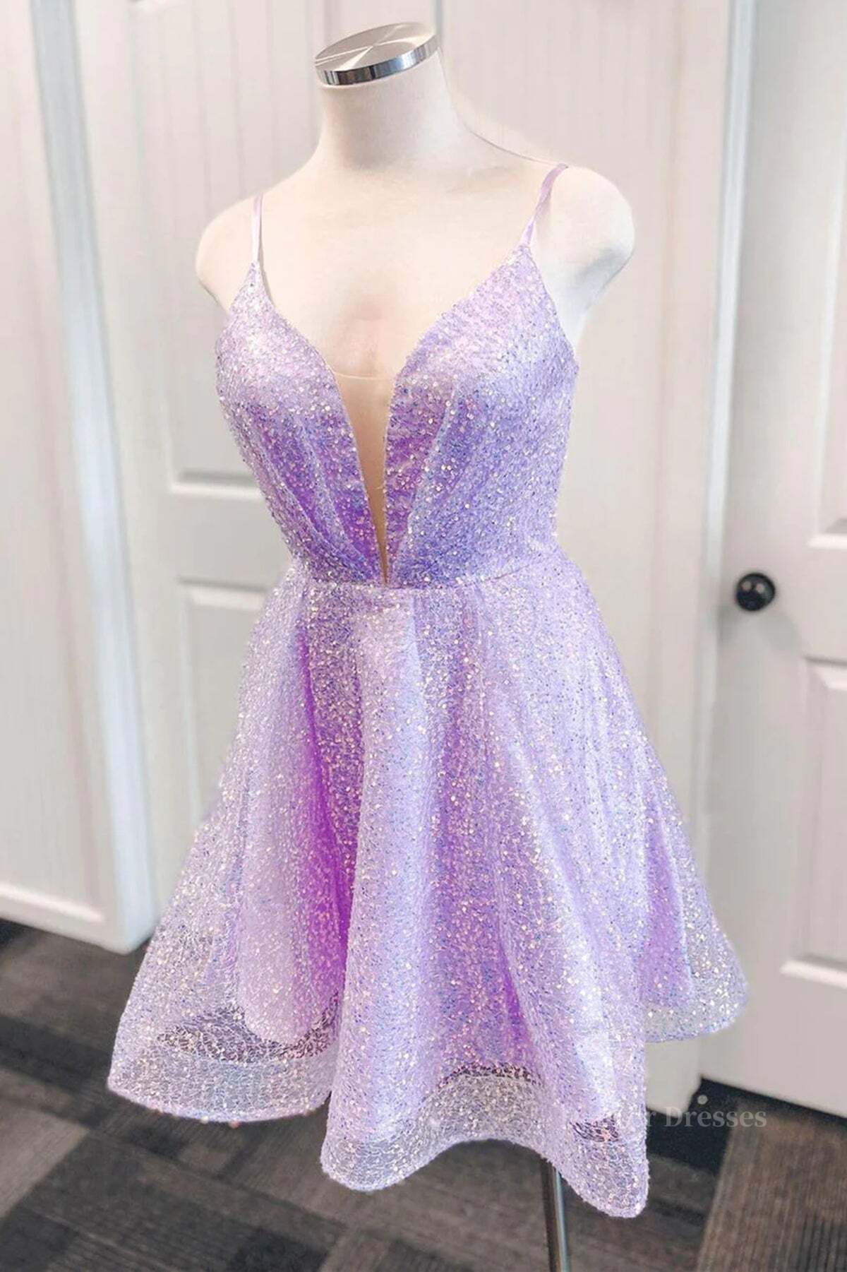 Long Gown, V Neck Short Purple Prom Dresses, Short V Neck Purple Formal Homecoming Dresses