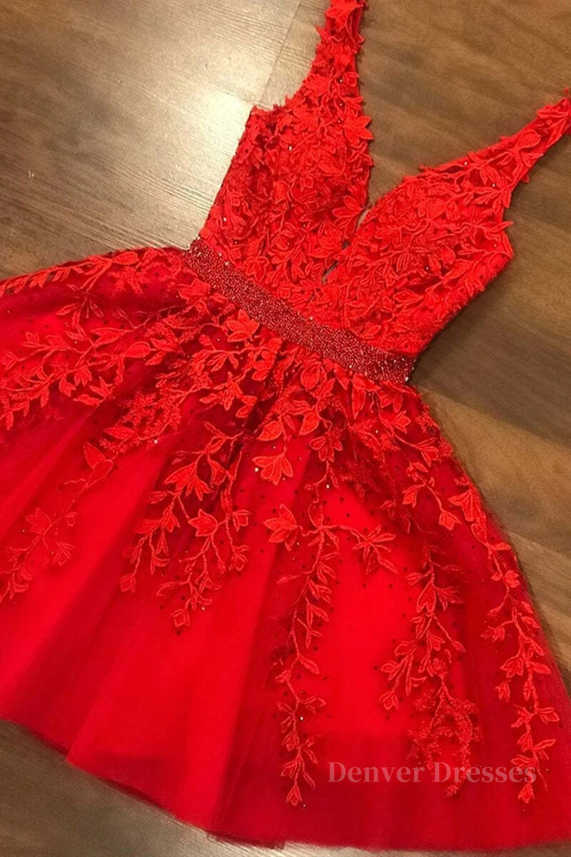 Party Dress Shops Near Me, V Neck Short Red Lace Prom Dress with Beadings, Short Red Lace Formal Graduation Homecoming Dress