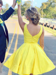 Homecoming Dresses Ideas, V Neck Short Yellow Prom Dresses, Short Yellow V Neck Graduation Homecoming Dresses