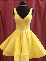 Homecoming Dresses Classy, V Neck Short Yellow Prom Dresses, Short Yellow V Neck Graduation Homecoming Dresses