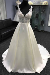 Wedding Dresses Shops, V neck White A line Lace appliques Princess Wedding Dress