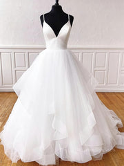 Wedding Dresse Boho, V Neck White Tulle Wedding Dresses, V Neck White Formal Prom Evening Dresses