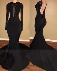 Prom Dresses Navy, 2024 Unique Black Long Sleeves Mermaid Backless Prom Dresses