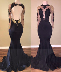 Wedding Photo Ideas, 2024 Black Mermaid Backless Long Sleeves Prom Dresses