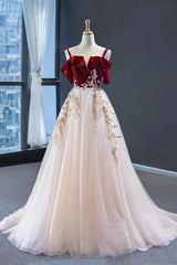 Prom Dresse Backless, Uniquedresss Vintage Red Straps Tulle Formal Dress, Elegant Applique Prom Dress