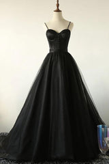 Prom Dresses For Teen, Charming Black Spaghetti Straps Sweetheart Tulle Evening Dresses Formal Dress