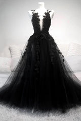 Graduation Dress, Vintage Black V Neck Tulle Prom Dresses,Formal Dress with Lace