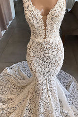 Wedding Dress On A Budget, Vintage Long Mermaid V-neck Lace Backless Wedding Dresses