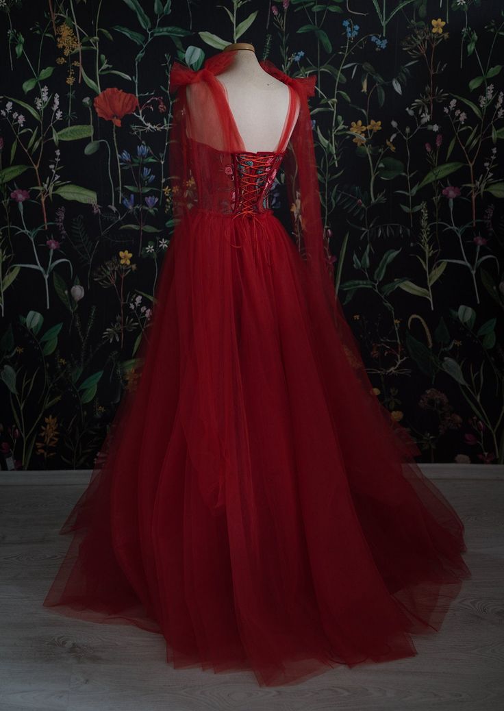 Party Dress Casual, Vintage Red Tulle Prom Dress,Women Evening Gowns with Flowers