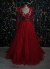 Party Dresses Maxi, Vintage Red Tulle Prom Dress,Women Evening Gowns with Flowers