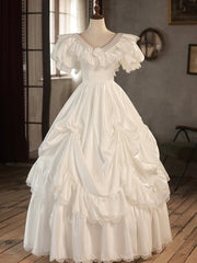Wedding Dresses For Maids, White V-Neck Satin Long Prom Dress, Lace Wedding Dress
