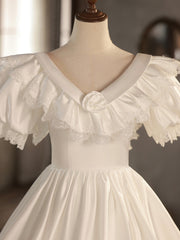 Wedding Dress Southern, White V-Neck Satin Long Prom Dress, Lace Wedding Dress