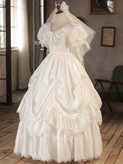 Wedding Dresses A Line Romantic, White V-Neck Satin Long Prom Dress, Lace Wedding Dress