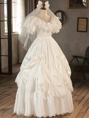 Wedding Dress Country, White V-Neck Satin Long Prom Dress, Lace Wedding Dress