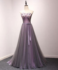 Prom Dress With Slits, Pruple Tulle Sweetheart Neck Long Prom Dress, Evening Dress