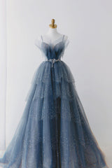 Prom Dresses For Sale, Gorgeous Blue Sparkly Tulle Beaded Prom Dress, Tiered Formal Gown with Rhinestone