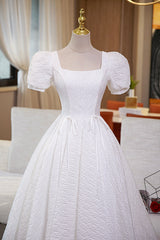 Bridesmaid Dress Formal, White A-Line Homecoming Dress, Cute Short Sleeve Evening Dress
