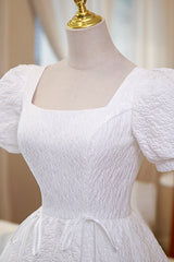 Bridesmaids Dresses Formal, White A-Line Homecoming Dress, Cute Short Sleeve Evening Dress
