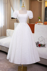 Bridesmaid Dress Elegant, White A-Line Homecoming Dress, Cute Short Sleeve Evening Dress