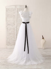 Homecoming Dresses Ideas, White A-Line Lace Tulle Long Prom Dress, White Evening Dress