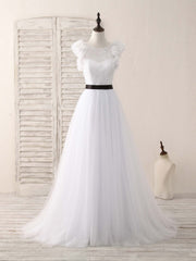 Homecoming Dress Classy, White A-Line Lace Tulle Long Prom Dress, White Evening Dress