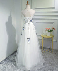 Prom Dress Corset Ball Gown, White A-Line Tulle Long Prom Dress, White Evening Dress