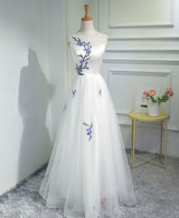 Prom Dresses Blue Light, White A-Line Tulle Long Prom Dress, White Evening Dress