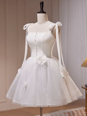 Bridesmaid Dresses Spring, White A-Line Tulle Short Prom Dress, Cute White Homecoming Dress