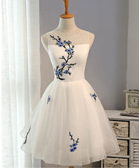 Prom Dress Light Blue, White A-Line Tulle Short Prom Dress, White Evening Dress
