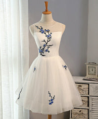 Prom Dress Blue Lace, White A-Line Tulle Short Prom Dress, White Evening Dress
