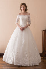 Wedding Dress Costs, White Lace Long Sleeves Off Shoulder Strapless A Line Floor Length Wedding Dresses